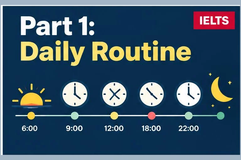 Illustrated study guide: IELTS Speaking Part 1 daily routine questions: answers, tenses and phrases