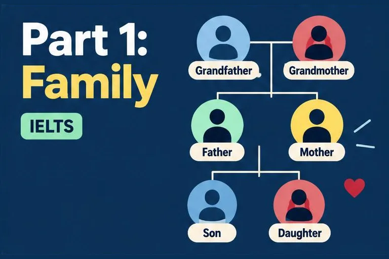 Illustrated study guide: IELTS Speaking Part 1 family questions: sample answers and tips
