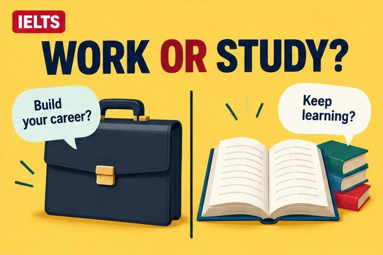 Illustrated study guide: IELTS Speaking Part 1 work or study questions and sample answers