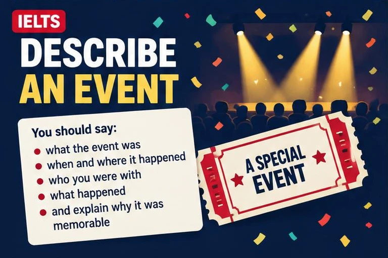 Illustrated study guide: IELTS Speaking Part 2: describe an event (sample answer)