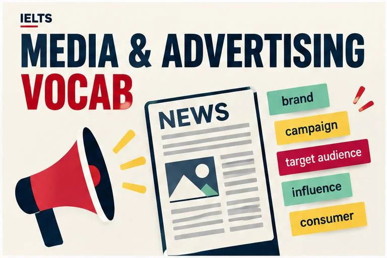 Illustrated study guide: IELTS vocabulary for media and advertising: 25 useful words and phrases