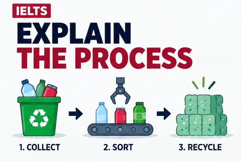 Illustrated study guide: IELTS Writing Task 1 process diagram: structure, passive voice and sequencing