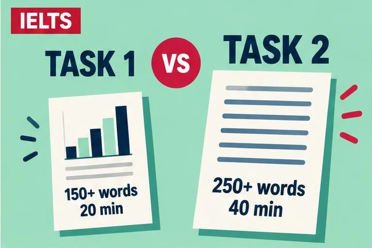 Illustrated study guide: IELTS Writing Task 1 vs Task 2: time, word count and score weighting