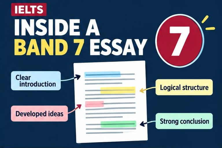 Illustrated study guide: IELTS Writing Task 2 Band 7 sample essay with examiner-style notes
