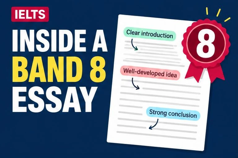 Illustrated study guide: IELTS Writing Task 2 Band 8 sample with examiner-style notes